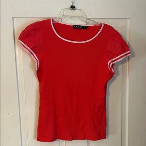 Lauren Ralph Lauren Ribbed Top Coral XL Cap Sleeves Ruffle White Trim Preppy